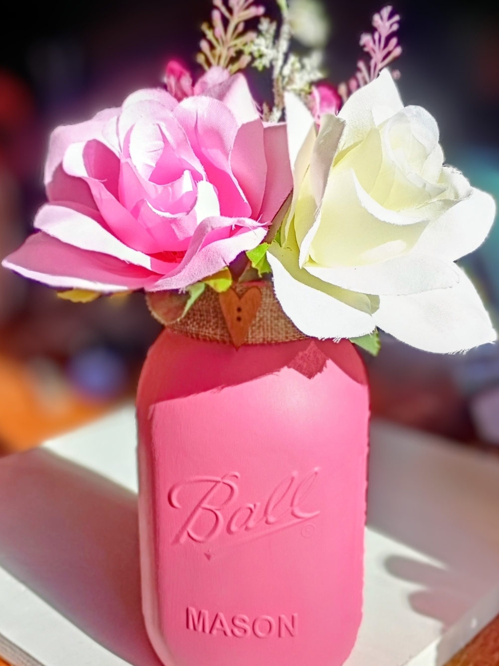 32 Oz. Ball Mason Jar Pink With Artificial Flowers